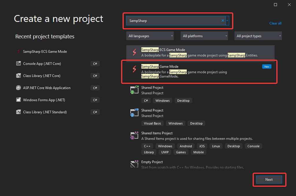 Find SampSharp in the 'Create a new project' dialog